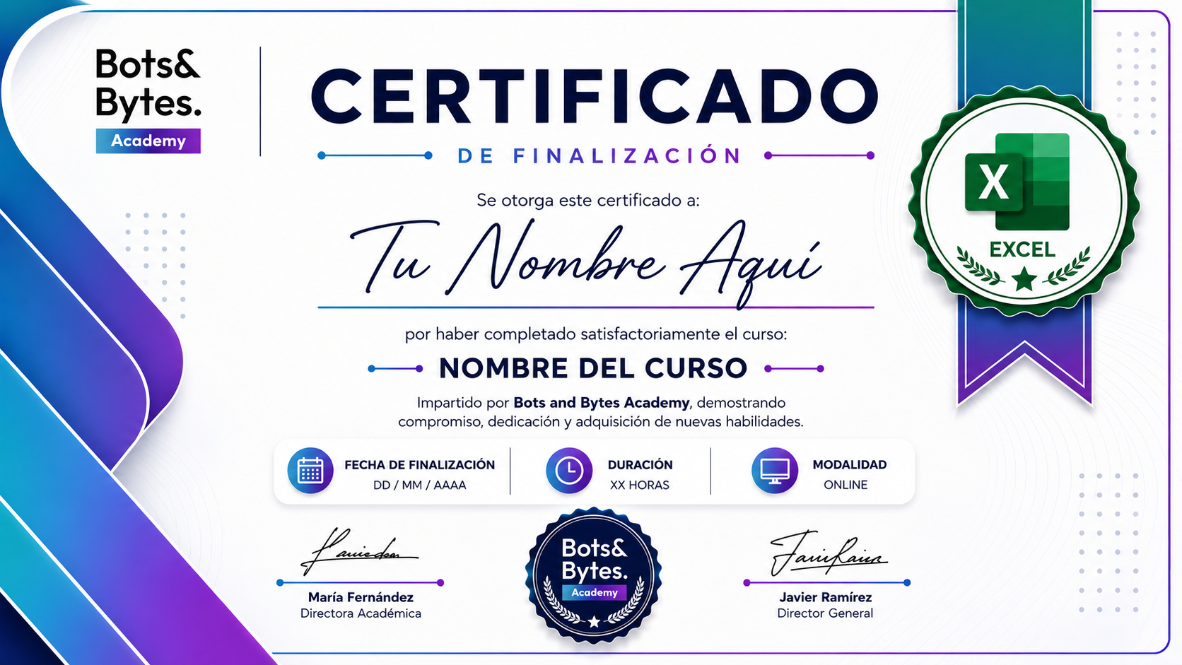 Certificado de finalización Excel — Bots & Bytes Academy